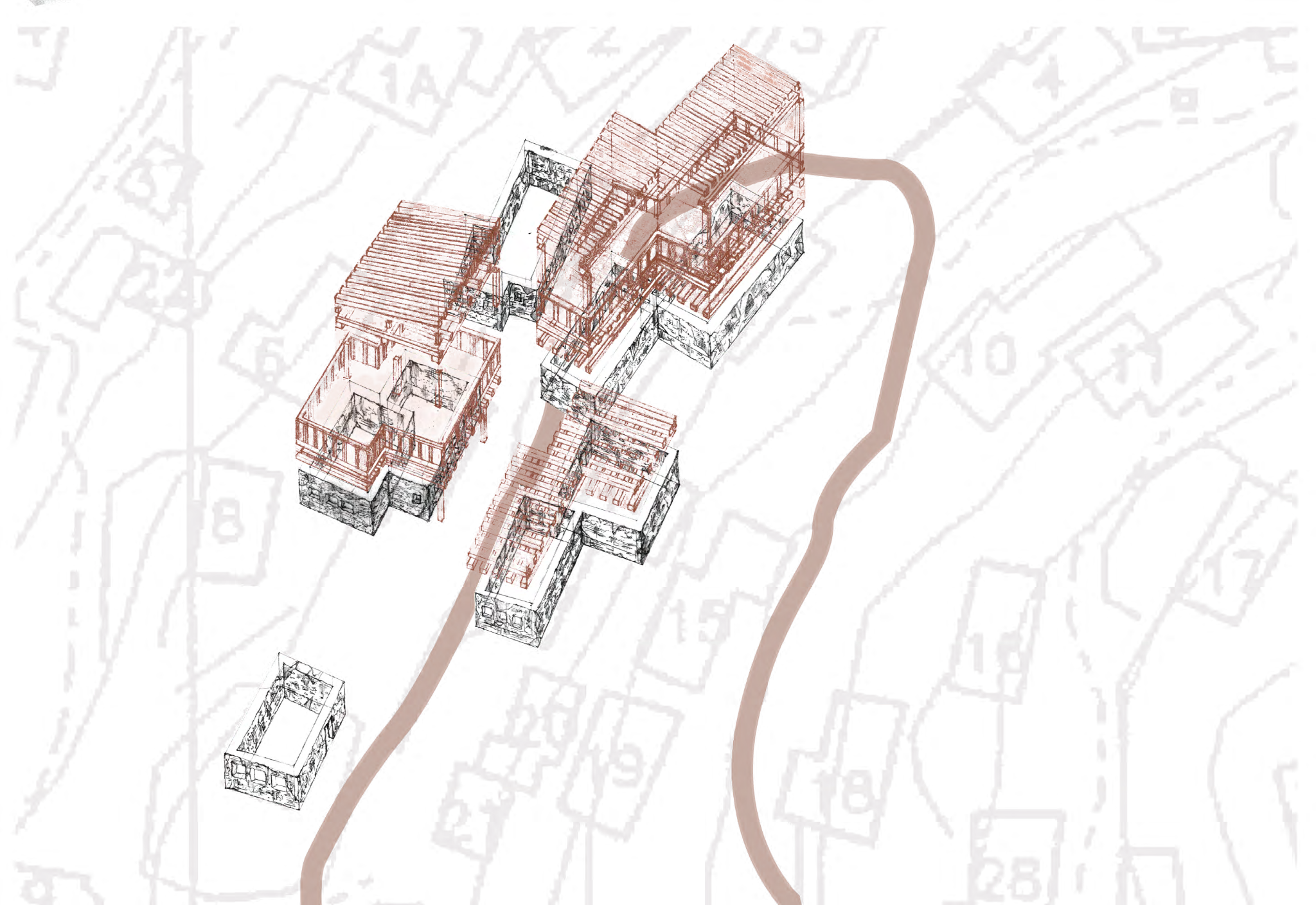 Axonometric drawing of new timber interventions within existing ruins