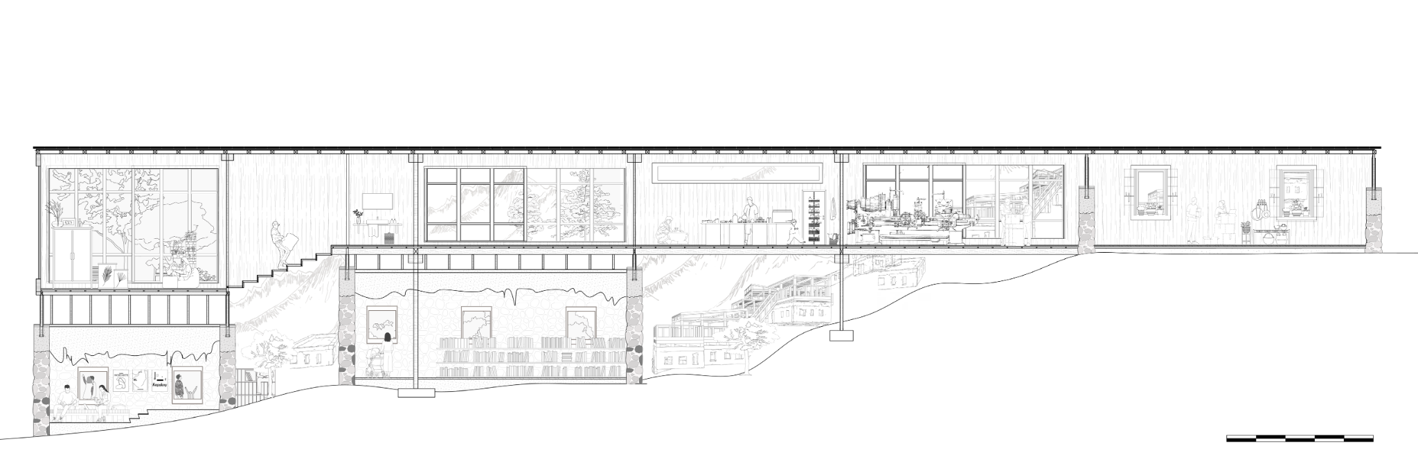 Long architectural section through the Living Ruins intervention