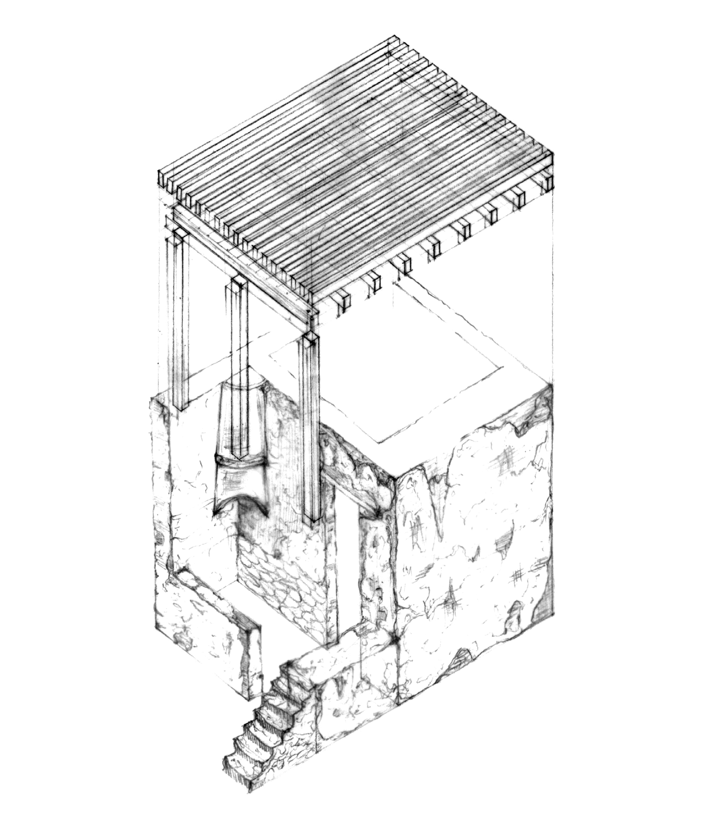 Axonometric study of timber structure meeting an existing ruin